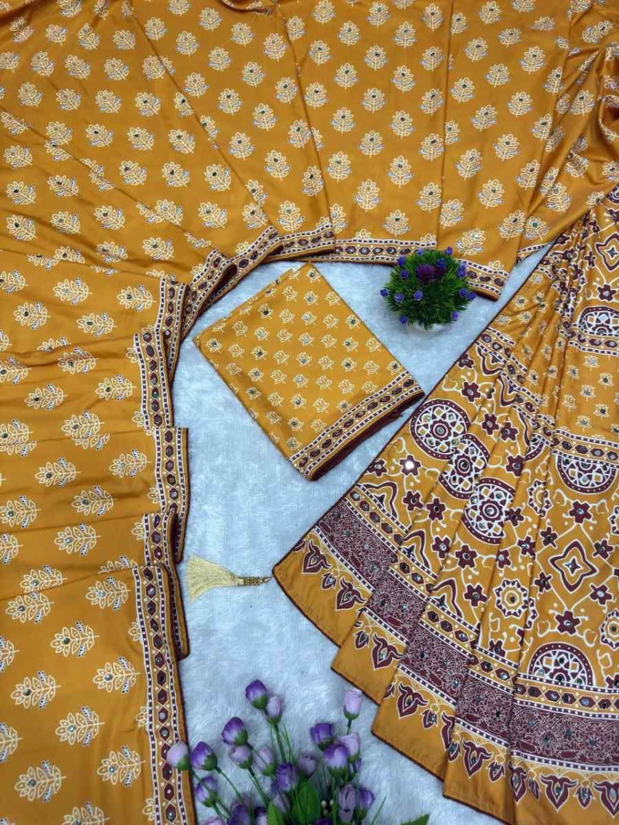 FANCY CREPE SILK AJRAKH PRINT WITH REAL MIRROR WORK SAREE WITH UNSTITCHED BLOUSE