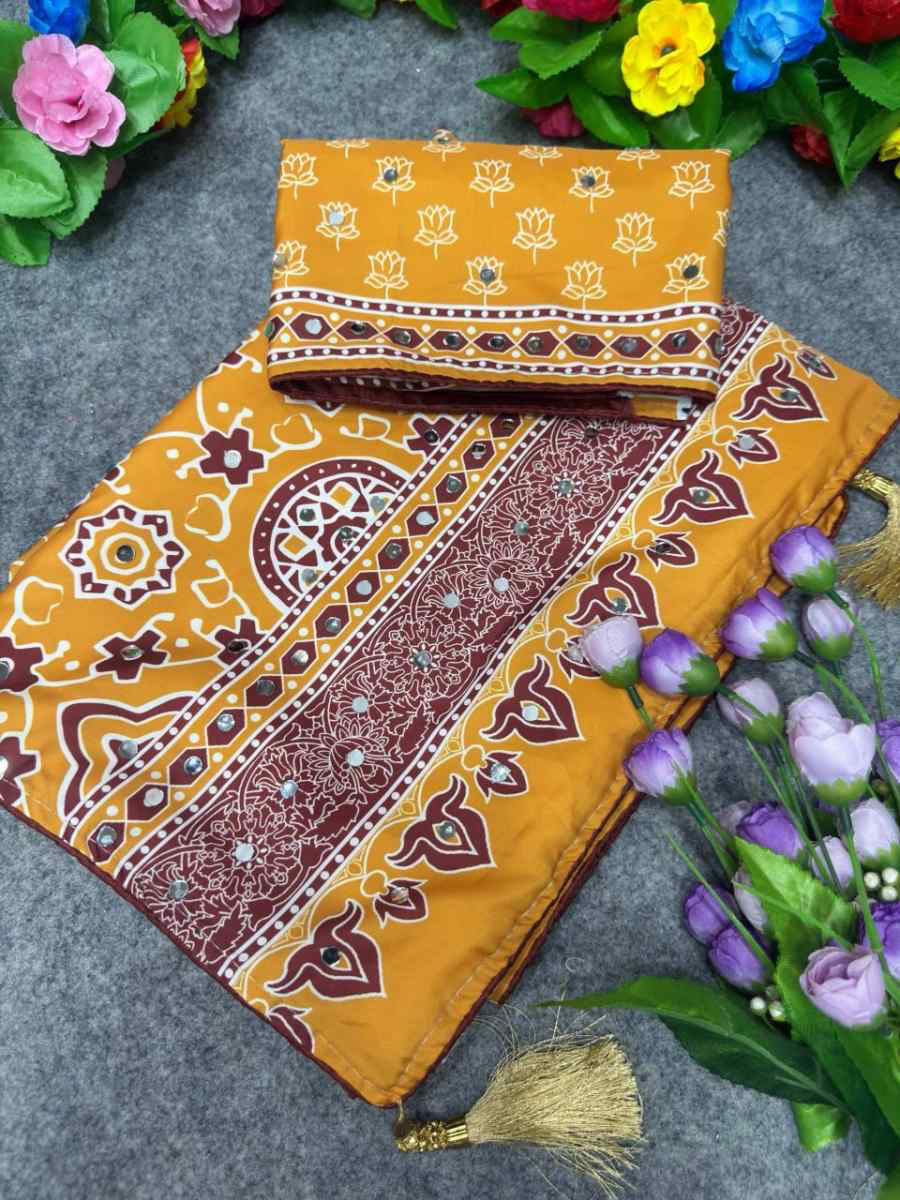 FANCY CREPE SILK AJRAKH PRINT WITH REAL MIRROR WORK SAREE WITH UNSTITCHED BLOUSE