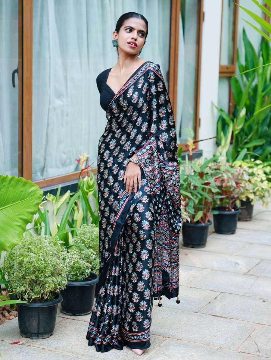FANCY CREPE SILK AJRAKH PRINT WITH REAL MIRROR WORK SAREE WITH UNSTITCHED BLOUSE