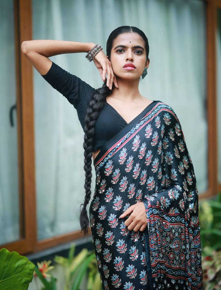 FANCY CREPE SILK AJRAKH PRINT WITH REAL MIRROR WORK SAREE WITH UNSTITCHED BLOUSE