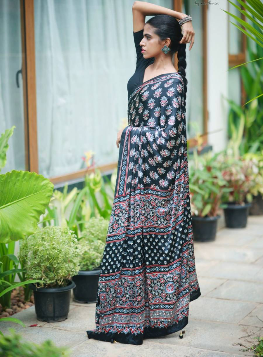 FANCY CREPE SILK AJRAKH PRINT WITH REAL MIRROR WORK SAREE WITH UNSTITCHED BLOUSE