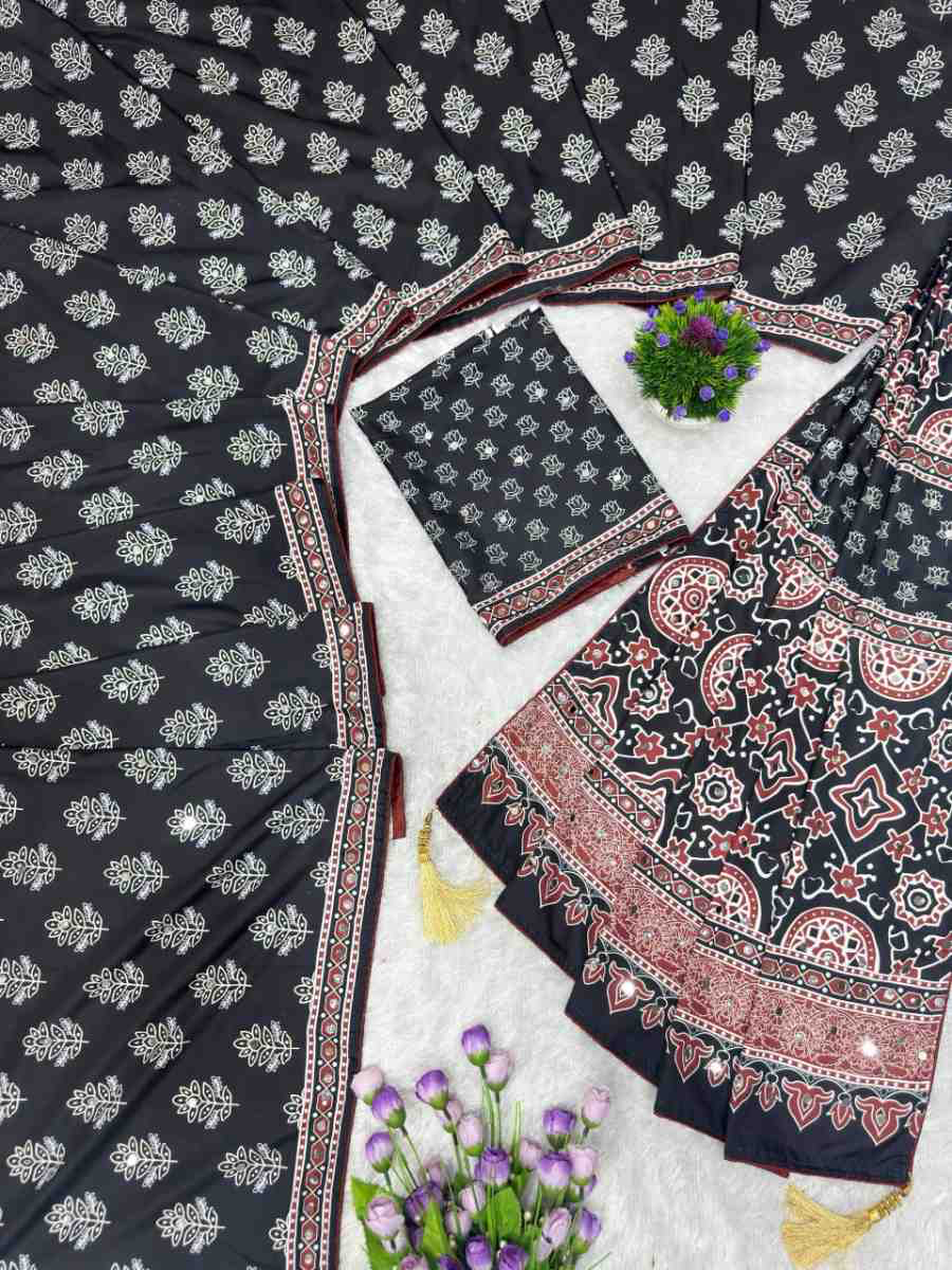 FANCY CREPE SILK AJRAKH PRINT WITH REAL MIRROR WORK SAREE WITH UNSTITCHED BLOUSE