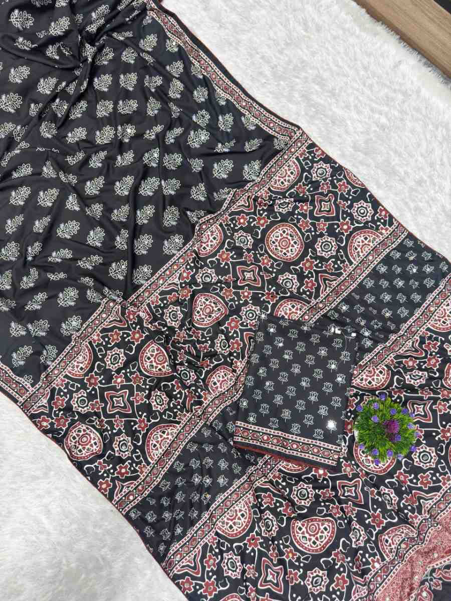FANCY CREPE SILK AJRAKH PRINT WITH REAL MIRROR WORK SAREE WITH UNSTITCHED BLOUSE
