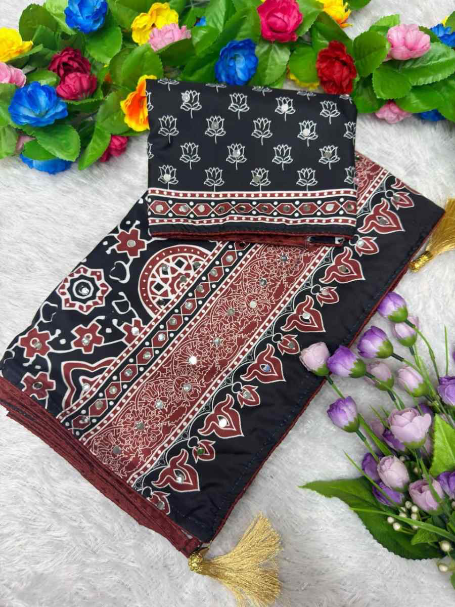 FANCY CREPE SILK AJRAKH PRINT WITH REAL MIRROR WORK SAREE WITH UNSTITCHED BLOUSE