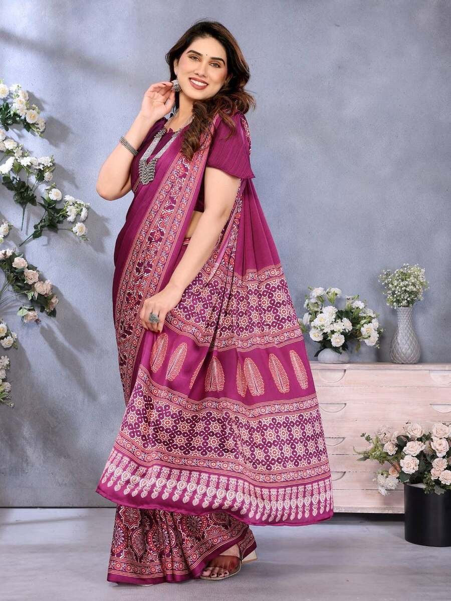 MODERN SEMI GAJI AJRAKH LAGDI WORK SAREE WITH UNSTITCHED BLOUSE