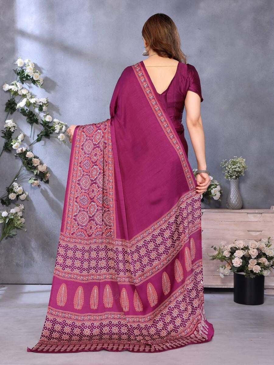 MODERN SEMI GAJI AJRAKH LAGDI WORK SAREE WITH UNSTITCHED BLOUSE
