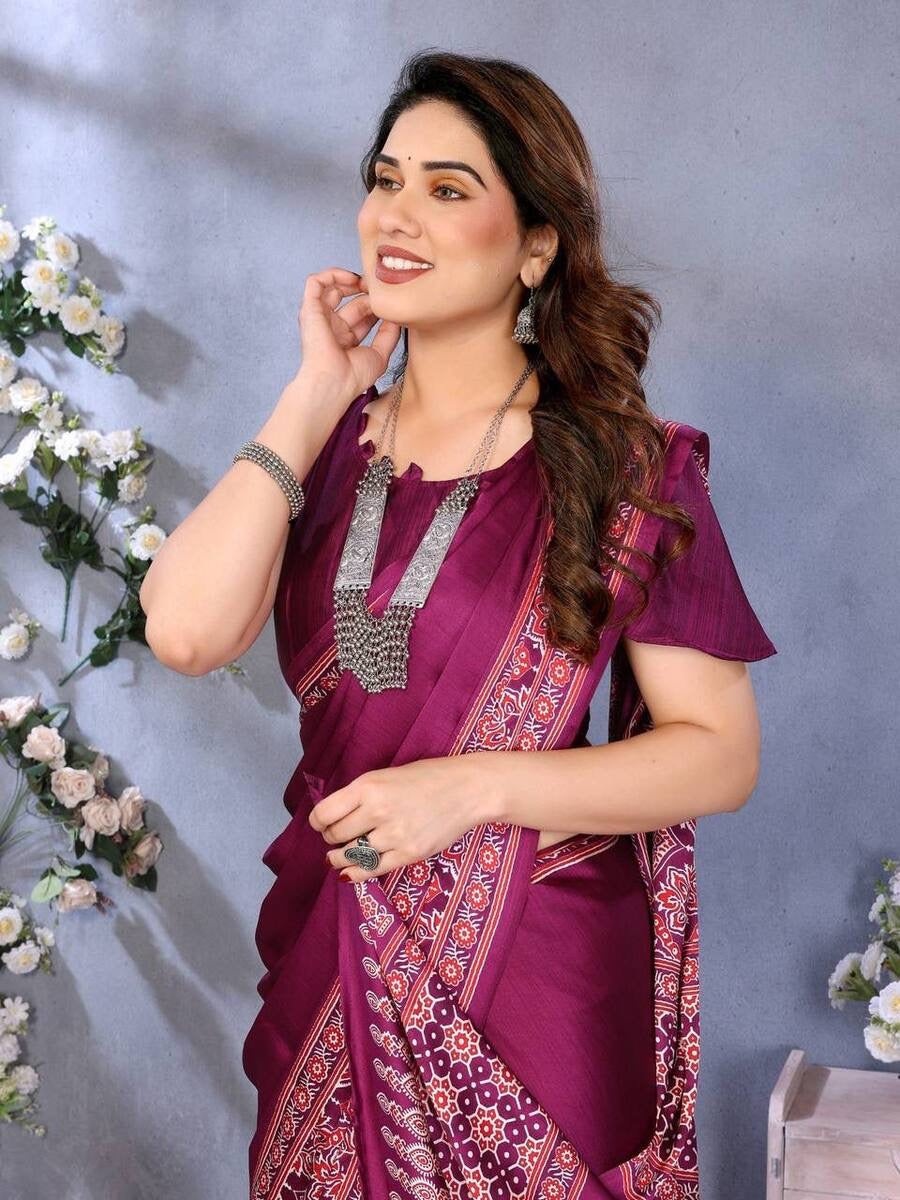 MODERN SEMI GAJI AJRAKH LAGDI WORK SAREE WITH UNSTITCHED BLOUSE