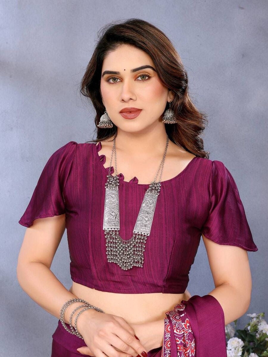 MODERN SEMI GAJI AJRAKH LAGDI WORK SAREE WITH UNSTITCHED BLOUSE