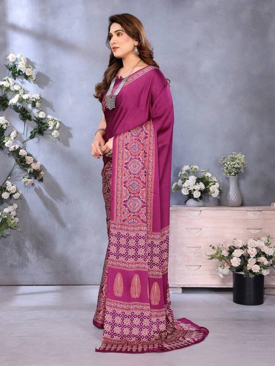 MODERN SEMI GAJI AJRAKH LAGDI WORK SAREE WITH UNSTITCHED BLOUSE
