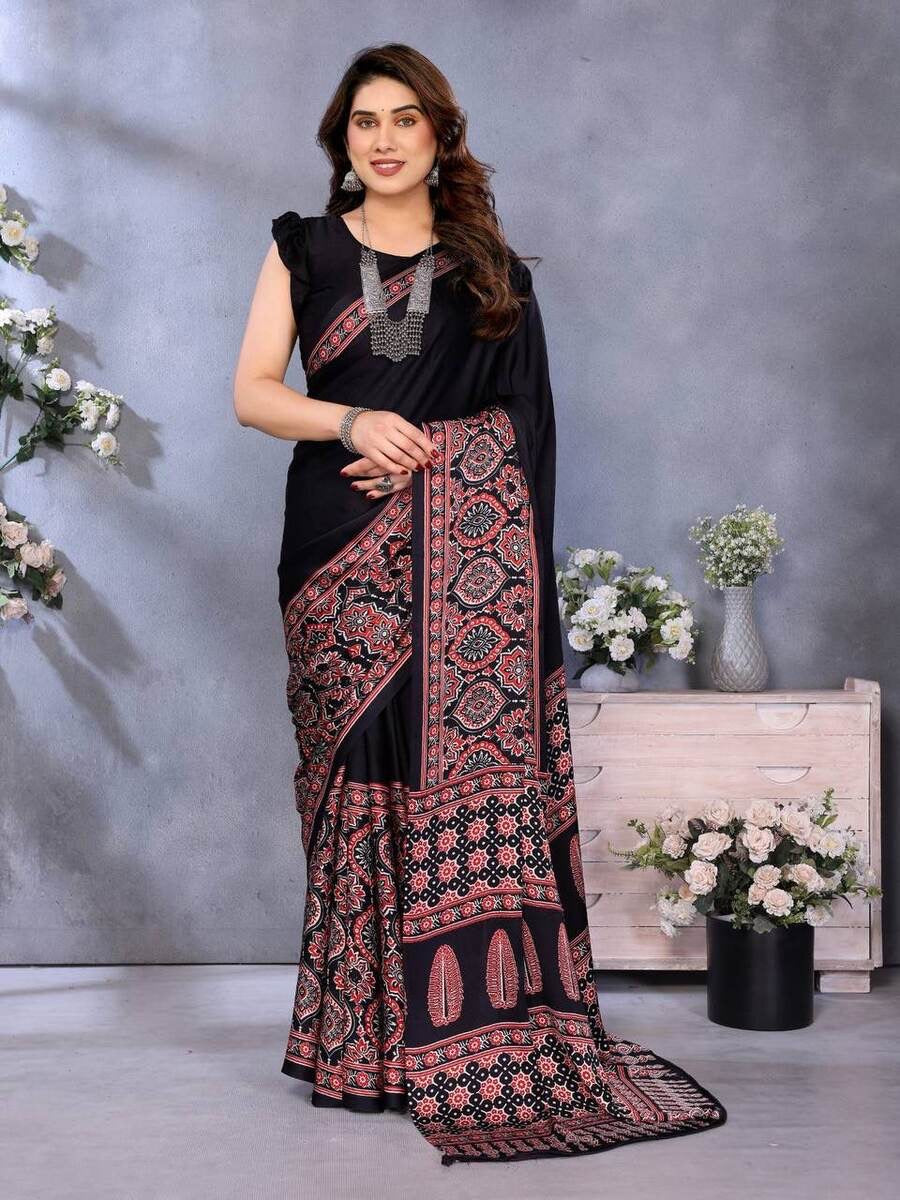 MODERN SEMI GAJI AJRAKH LAGDI WORK SAREE WITH UNSTITCHED BLOUSE