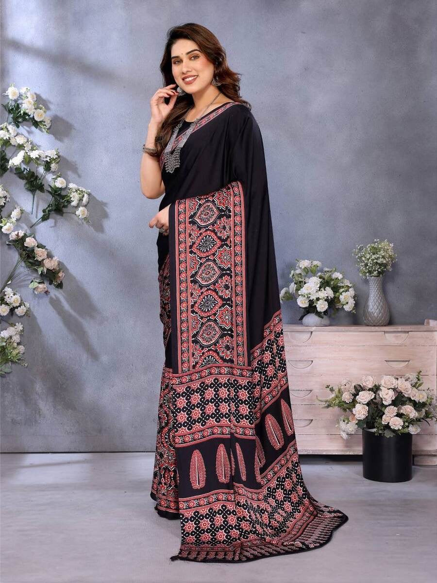 MODERN SEMI GAJI AJRAKH LAGDI WORK SAREE WITH UNSTITCHED BLOUSE
