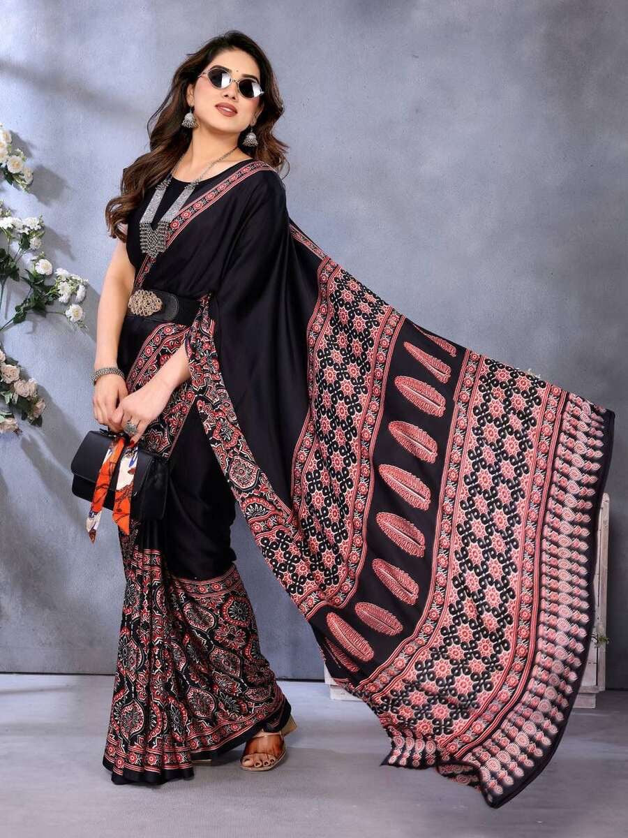 MODERN SEMI GAJI AJRAKH LAGDI WORK SAREE WITH UNSTITCHED BLOUSE