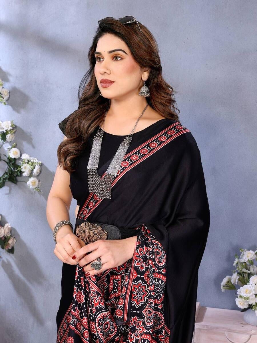 MODERN SEMI GAJI AJRAKH LAGDI WORK SAREE WITH UNSTITCHED BLOUSE