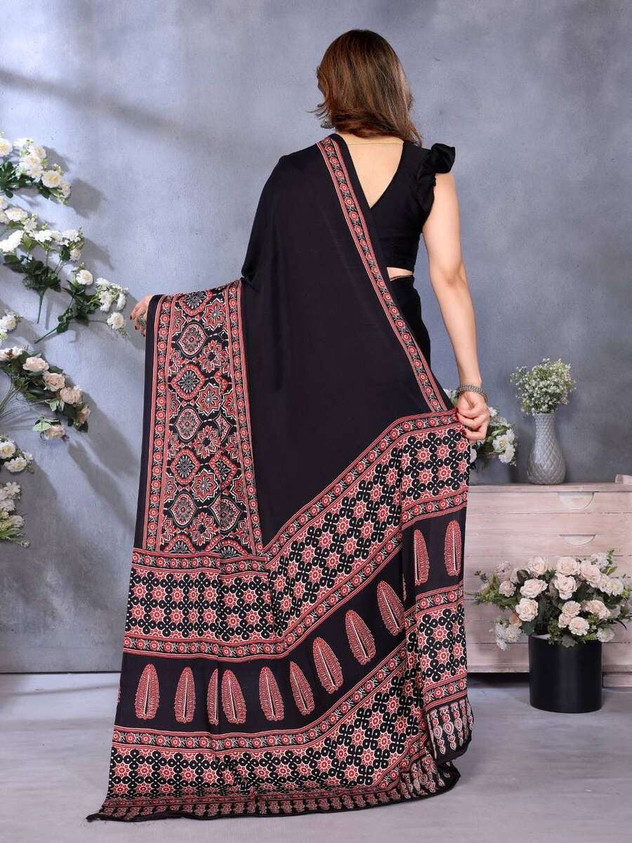 MODERN SEMI GAJI AJRAKH LAGDI WORK SAREE WITH UNSTITCHED BLOUSE