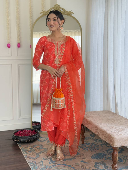 ATTRACTIVE FRENCH CREPE EMBROIDERY WORK TOP BOTTOM WITH DUPATTA  ORANGE IN SIZE XL