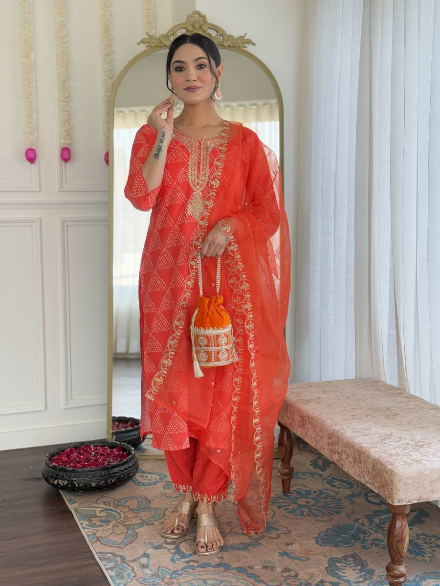 ATTRACTIVE FRENCH CREPE EMBROIDERY WORK TOP BOTTOM WITH DUPATTA  ORANGE IN SIZE XL