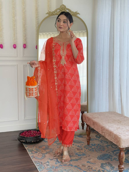 ATTRACTIVE FRENCH CREPE EMBROIDERY WORK TOP BOTTOM WITH DUPATTA  ORANGE IN SIZE XL