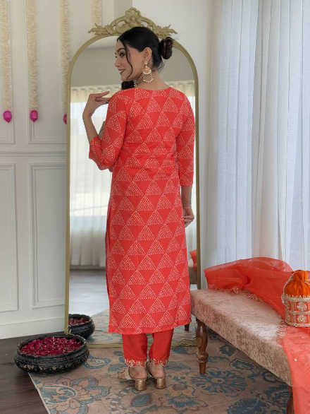 ATTRACTIVE FRENCH CREPE EMBROIDERY WORK TOP BOTTOM WITH DUPATTA  ORANGE IN SIZE XL