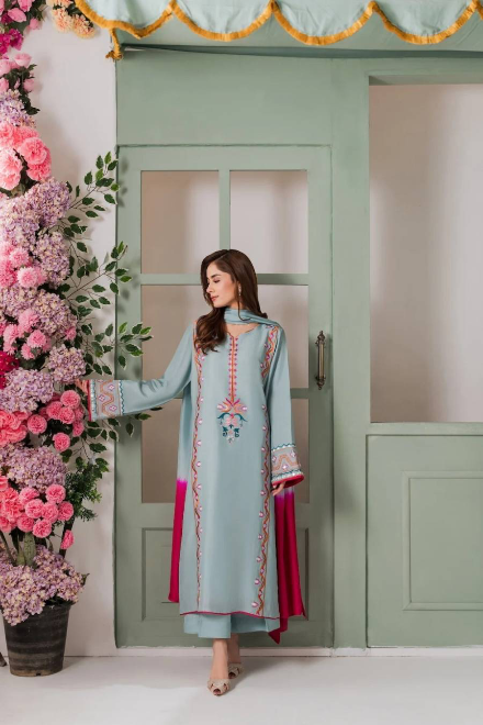 DESIGNER FRENCH CREPE EMBROIDERY SEQUENCE WORK TOP BOTTOM WITH DUPATTA SKY IN SIZE XL