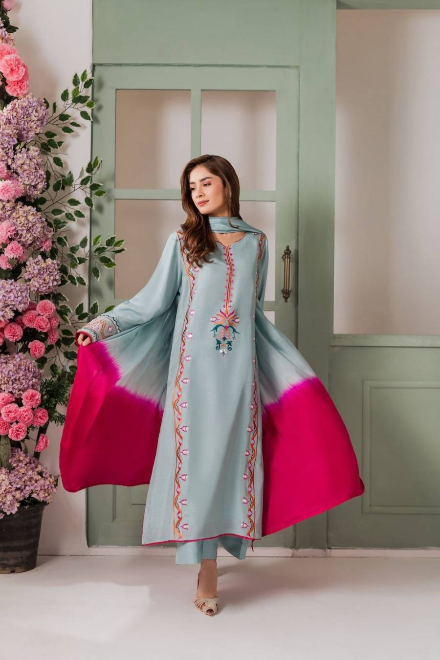 DESIGNER FRENCH CREPE EMBROIDERY SEQUENCE WORK TOP BOTTOM WITH DUPATTA SKY IN SIZE XL
