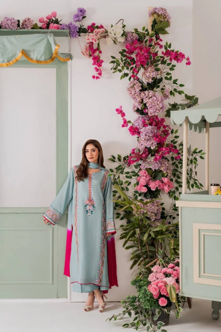 DESIGNER FRENCH CREPE EMBROIDERY SEQUENCE WORK TOP BOTTOM WITH DUPATTA SKY IN SIZE XL