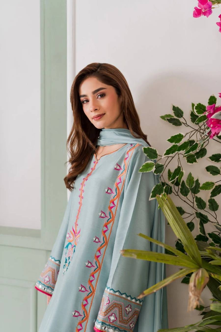 DESIGNER FRENCH CREPE EMBROIDERY SEQUENCE WORK TOP BOTTOM WITH DUPATTA SKY IN SIZE XL