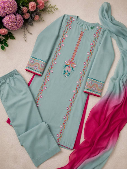 DESIGNER FRENCH CREPE EMBROIDERY SEQUENCE WORK TOP BOTTOM WITH DUPATTA SKY IN SIZE XL