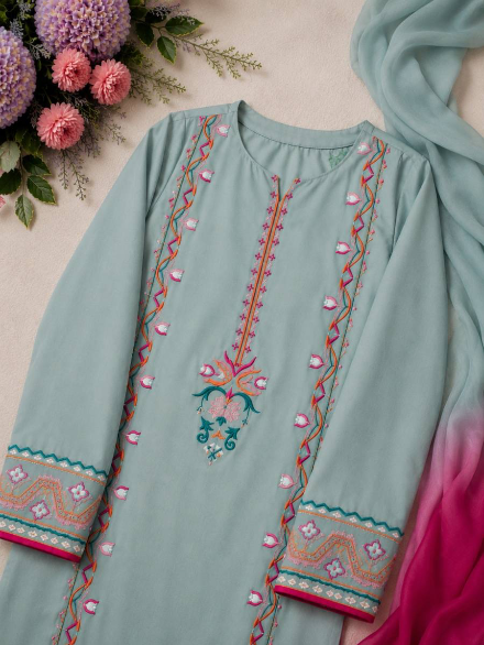 DESIGNER FRENCH CREPE EMBROIDERY SEQUENCE WORK TOP BOTTOM WITH DUPATTA SKY IN SIZE XL