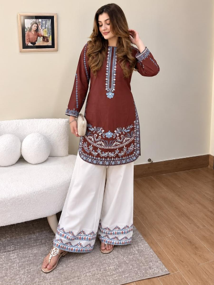 DESIGNER FRENCH CREPE THREAD EMBROIDERY WORK KURTI PALAZZO SET BROWN AND WHITE IN SIZE XL