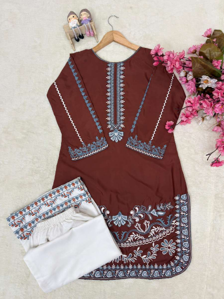 DESIGNER FRENCH CREPE THREAD EMBROIDERY WORK KURTI PALAZZO SET BROWN AND WHITE IN SIZE XL