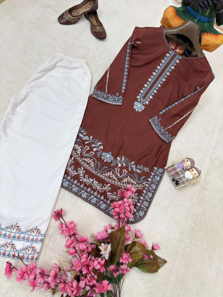 DESIGNER FRENCH CREPE THREAD EMBROIDERY WORK KURTI PALAZZO SET BROWN AND WHITE IN SIZE XL