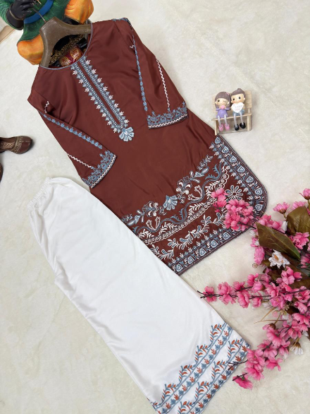 DESIGNER FRENCH CREPE THREAD EMBROIDERY WORK KURTI PALAZZO SET BROWN AND WHITE IN SIZE XL