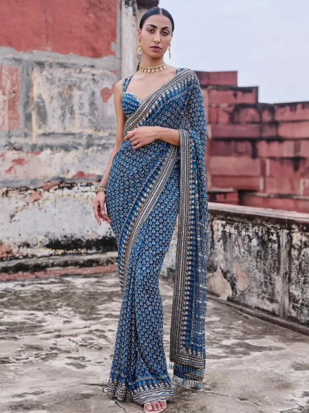 DESIGNER GEORGETTE CUTDANA AND REAL MIRROR WORK SAREE WITH UNSTITCHED BLOUSE TEAL
