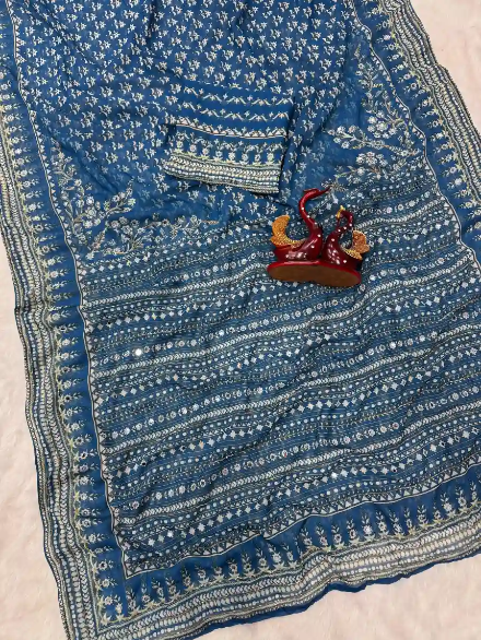 DESIGNER GEORGETTE CUTDANA AND REAL MIRROR WORK SAREE WITH UNSTITCHED BLOUSE TEAL