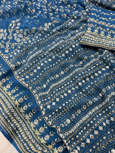 DESIGNER GEORGETTE CUTDANA AND REAL MIRROR WORK SAREE WITH UNSTITCHED BLOUSE TEAL