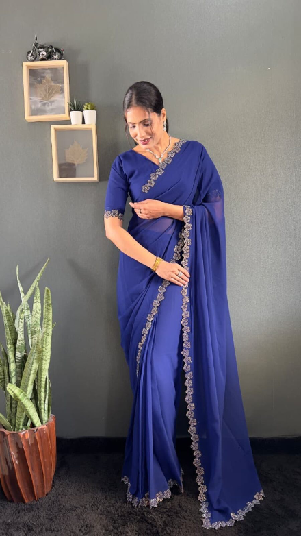DESIGNER GEORGETTE SWAROVSKI WORK READY TO WEAR SAREE WITH UNSTITCHED BLOUSE BLUE