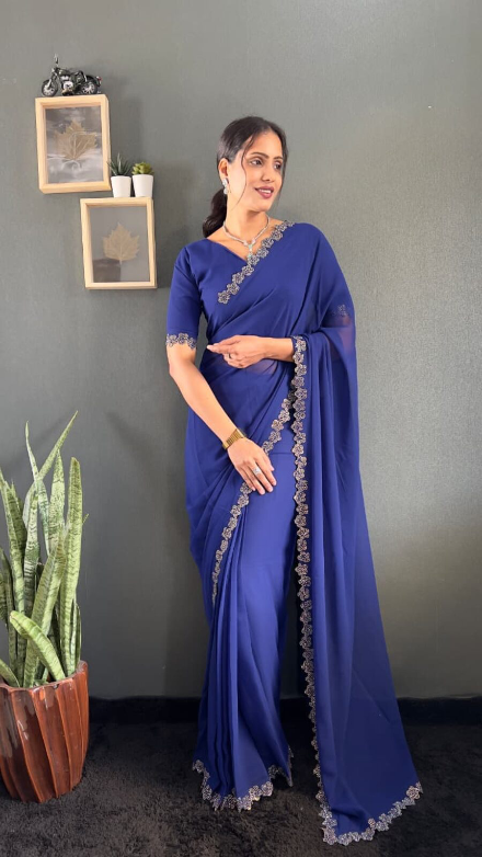 DESIGNER GEORGETTE SWAROVSKI WORK READY TO WEAR SAREE WITH UNSTITCHED BLOUSE BLUE