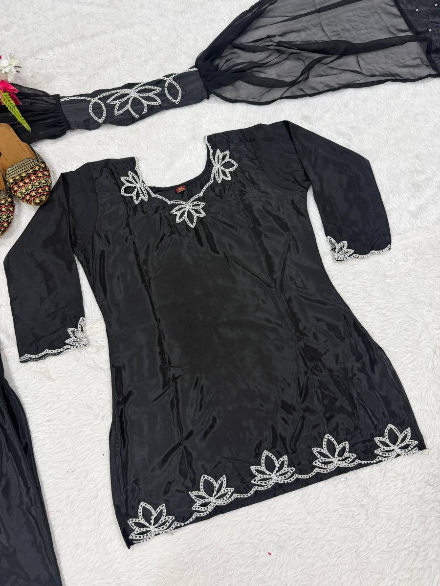 DESIGNER NATURAL CREPE EMBROIDERY AND MOTI WORK TOP PATIYALA WITH DUPATTA