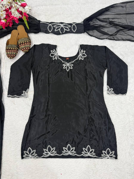 DESIGNER NATURAL CREPE EMBROIDERY AND MOTI WORK TOP PATIYALA WITH DUPATTA