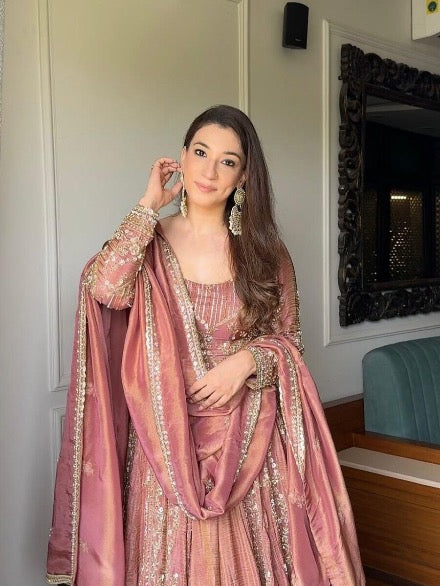 MODERN CRUNCHY SILK EMBROIDERY SEQUENCE WORK TOP PALAZZO WITH DUPATTA PEACH
