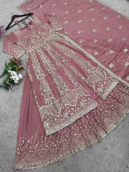 MODERN CRUNCHY SILK EMBROIDERY SEQUENCE WORK TOP PALAZZO WITH DUPATTA PEACH