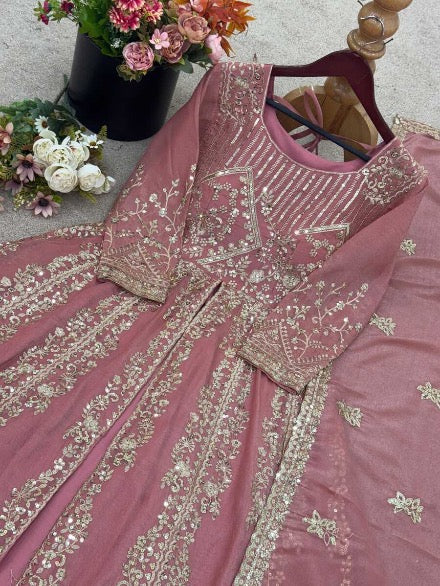MODERN CRUNCHY SILK EMBROIDERY SEQUENCE WORK TOP PALAZZO WITH DUPATTA PEACH