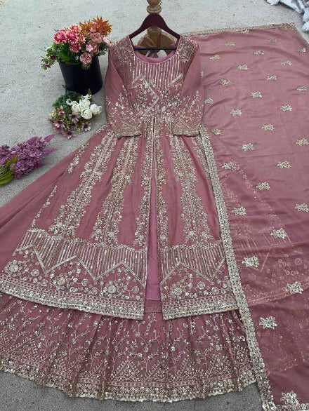 MODERN CRUNCHY SILK EMBROIDERY SEQUENCE WORK TOP PALAZZO WITH DUPATTA PEACH