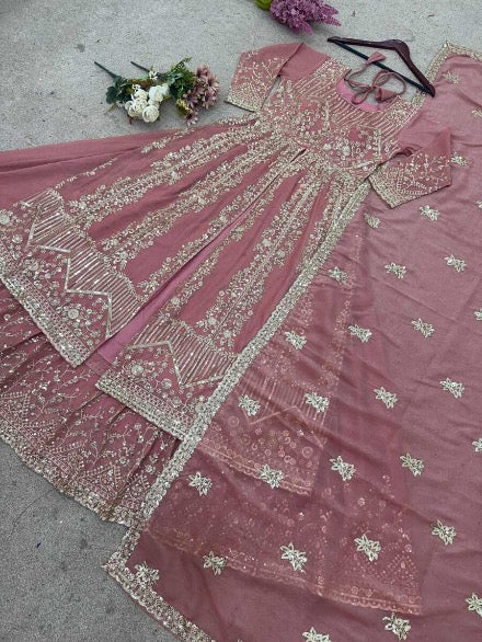 MODERN CRUNCHY SILK EMBROIDERY SEQUENCE WORK TOP PALAZZO WITH DUPATTA PEACH