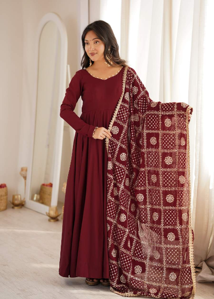 DESIGNER ROMAN CHANDERI PLAIN GOWN BOTTOM WITH EMBROIDERY SEQUENCE JARI WORK DUPATTA MAROON