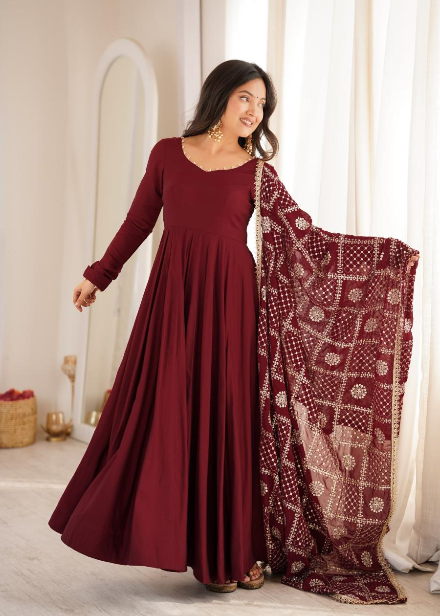 DESIGNER ROMAN CHANDERI PLAIN GOWN BOTTOM WITH EMBROIDERY SEQUENCE JARI WORK DUPATTA MAROON