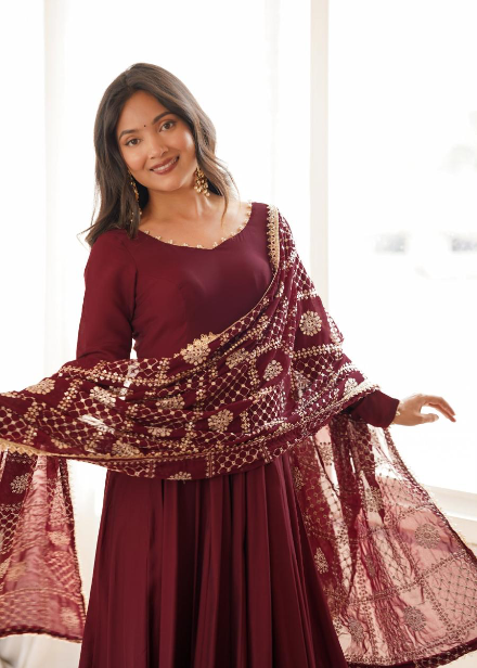 DESIGNER ROMAN CHANDERI PLAIN GOWN BOTTOM WITH EMBROIDERY SEQUENCE JARI WORK DUPATTA MAROON