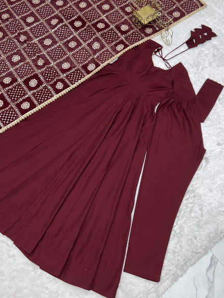 DESIGNER ROMAN CHANDERI PLAIN GOWN BOTTOM WITH EMBROIDERY SEQUENCE JARI WORK DUPATTA MAROON