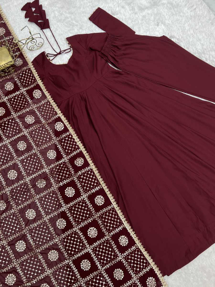 DESIGNER ROMAN CHANDERI PLAIN GOWN BOTTOM WITH EMBROIDERY SEQUENCE JARI WORK DUPATTA MAROON