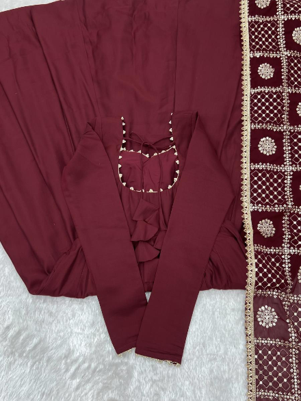 DESIGNER ROMAN CHANDERI PLAIN GOWN BOTTOM WITH EMBROIDERY SEQUENCE JARI WORK DUPATTA MAROON